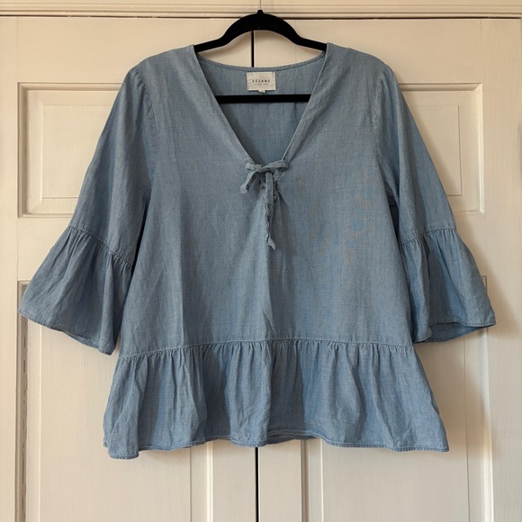 Sezane Anita Chambray Top Lace Up Denim Blouse Bell Sleeve Peplum Size 42 US 10 - Picture 7 of 16